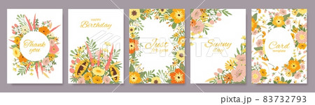 Floral greeting cards with spring blossom flowers, botanical pattern card. Wildflowers background birthday invite, poster template vector set 83732793
