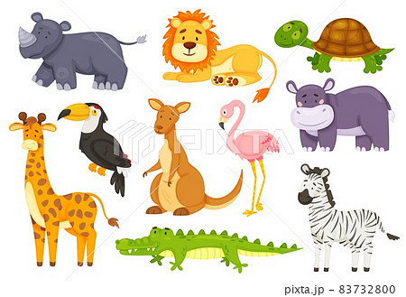 Cartoon funny african animals, wild safari animal. Cute zebra, rhino, flamingo, giraffe, crocodile, kangaroo, lion, jungle wildlife vector set 83732800