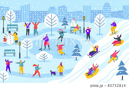 People in winter city park, characters sledding or ice skating. Family making snowman and having fun in wintertime outdoor vector illustration People in winter city park, characters sledding or ice skating. Family making snowman and having fun in wintertime outdoor vector illustration 83732814
