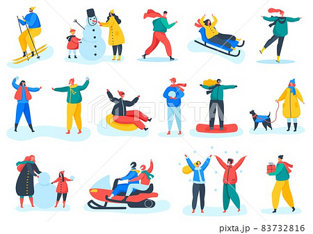 People in warm clothes doing winter outdoor activities in park. Characters snowboarding, building snowman, ice skating, skiing vector set People in warm clothes doing winter outdoor activities in park. Characters snowboarding, building snowman, ice skating, skiing vector set 83732816