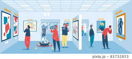 People in art gallery exhibition, characters looking at exhibits. Woman admiring painting or sculpture, modern museum vector illustration 83732853