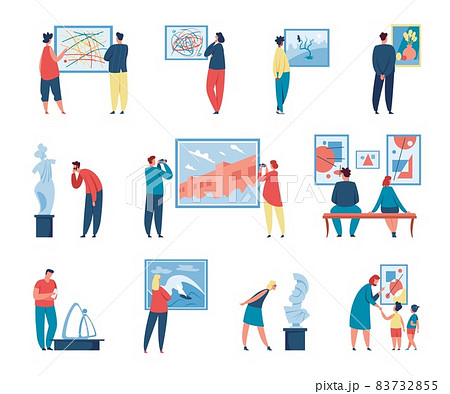 Art gallery visitors looking at paintings, people in museum exhibition. Characters admiring or taking photo of painting or sculpture vector set 83732855