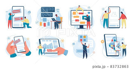 Web designer and programmer working on web development. Software developer writing code, programming software, developing app vector concept set 83732863