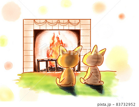 暖炉で暖まる2匹の猫 83732952