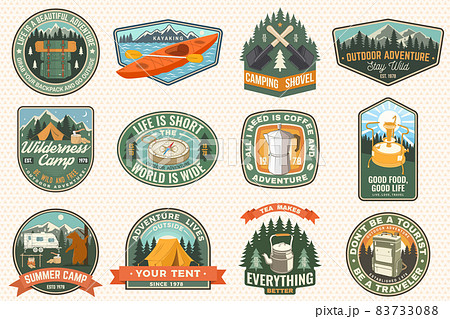 Summer camp with design elements. Vector illustration. Camping and outdoor adventure emblems. Typography design with retro camping tea kettle, compass, kayak, camping tent, mug and forest silhouette. Summer camp with design elements. Vector illustration. Camping and outdoor adventure emblems. Typography design with retro camping tea kettle, compass, kayak, camping tent, mug and forest silhouette. 83733088