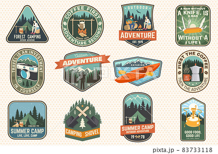 Summer camp with design elements. Vector illustration. Camping and outdoor adventure emblems. Typography design with retro camping tea kettle, pocket knife, camping tent and forest silhouette. Summer camp with design elements. Vector illustration. Camping and outdoor adventure emblems. Typography design with retro camping tea kettle, pocket knife, camping tent and forest silhouette. 83733118