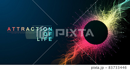 Attraction of life. Colorful abstract small particles and lines under high speed of motion. Circular explosion backdrop. Burst tech particles. Vector illustration 83733446