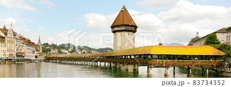Switzerland Europe Travel panorama landscape banner of Lucerne city, landmark tourist attraction Kapellbrucke Chapel Bridge and Wasserturm water tower, Reuss River, Luzern. Switzerland Europe Travel panorama landscape banner of Lucerne city, landmark tourist attraction Kapellbrucke Chapel Bridge and Wasserturm water tower, Reuss River, Luzern. 83734352