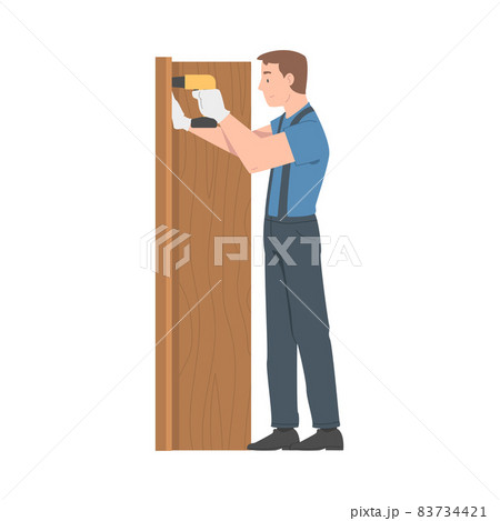Young Man in Overall with Drill Assembling and Installing Wooden Furniture Vector Illustration Young Man in Overall with Drill Assembling and Installing Wooden Furniture Vector Illustration 83734421