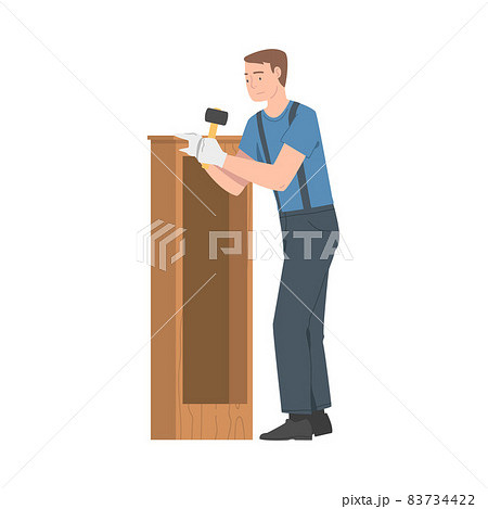 Young Man in Overall with Hammer Assembling and Installing Wooden Furniture Vector Illustration 83734422