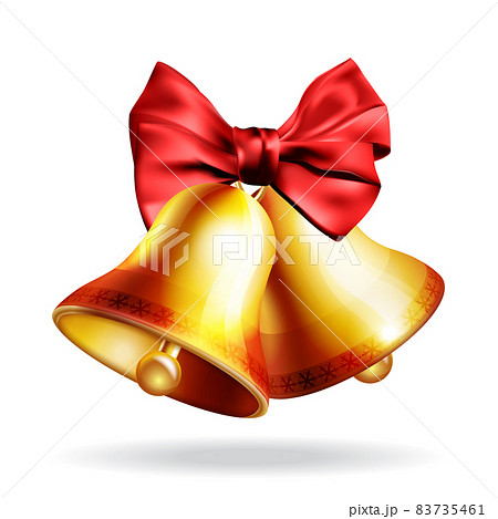Golden jingle bells with red bow isolated on white. 83735461