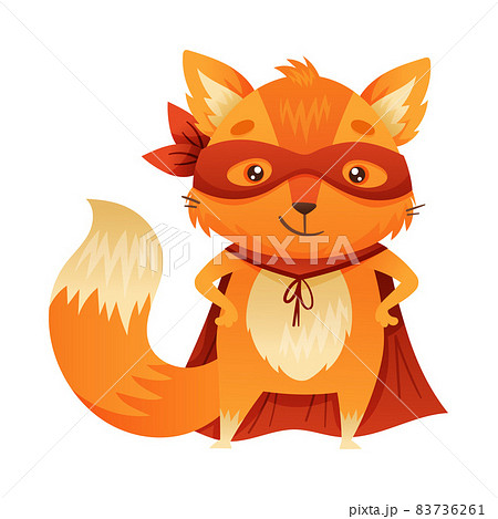 Orange Fox Animal Character Superhero Dressed in Mask and Red Cape or Cloak Standing Vector Illustration 83736261