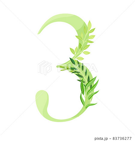 Number or Numeral Three Decorated with Green Foliage and Leaf Vector Illustration 83736277