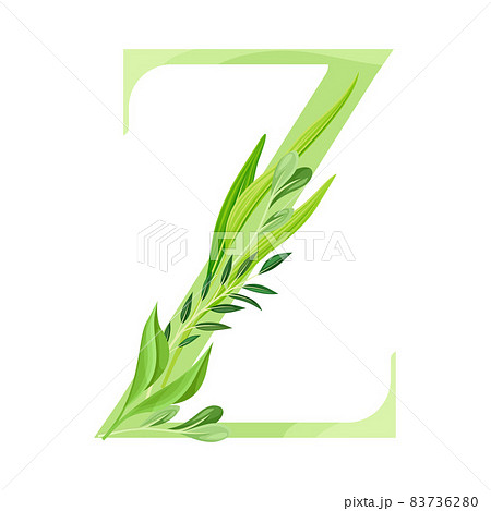 Alphabet Letter Z Decorated with Green Foliage and Leaf Vector Illustration 83736280