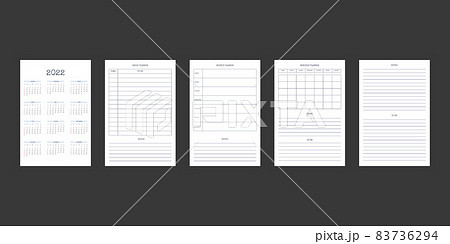 2022 calendar and daily weekly monthly personal planner diary template in classic strict style. Monthly calendar individual schedule minimalism restrained design for business notebook. Week starts on 83736294