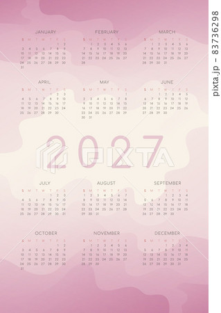 2027 calendar with rose pink gradient fluid wave shapes. vertical annual template for print and digital. Week starts on Sunday 2027 calendar with rose pink gradient fluid wave shapes. vertical annual template for print and digital. Week starts on Sunday 83736298
