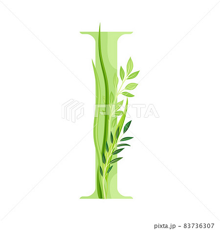 Alphabet Letter I Decorated with Green Foliage and Leaf Vector Illustration 83736307