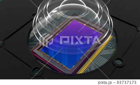 Digital camera sensor on printed circuit board with optic elements, crop close-up, 3D rendering 83737173