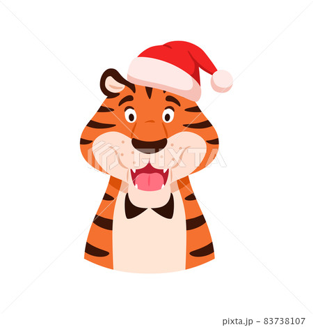 Flat talking smiling tiger in Santa hat portrait isolated on white background. Cute adorable cartoon wild cat. Chinese symbol of New Year 2022. Holiday orange striped character vector illustration. Flat talking smiling tiger in Santa hat portrait isolated on white background. Cute adorable cartoon wild cat. Chinese symbol of New Year 2022. Holiday orange striped character vector illustration. 83738107