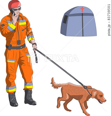 A man rescuer in a special uniform with a dog. A man rescuer in a special uniform with a dog. 83739501