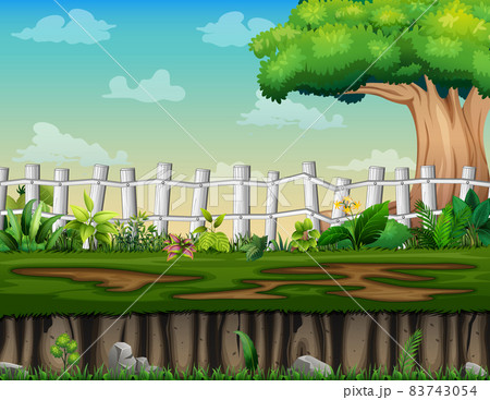 Nature scene with a big tree and wooden fence illustration 83743054