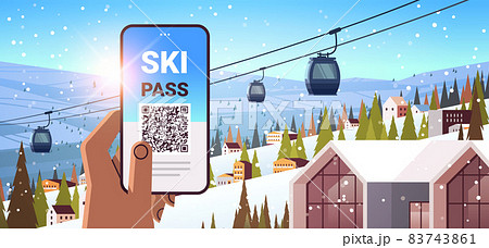 human hand using ski pass application on smartphone screen winter vacation concept snowy mountains landscape human hand using ski pass application on smartphone screen winter vacation concept snowy mountains landscape 83743861