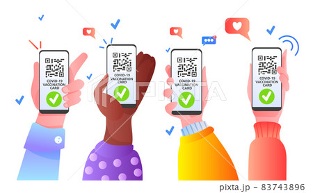 mix race hands holding smartphones with digital immunity passport qr code on screen risk free covid-19 pandemic vaccination mix race hands holding smartphones with digital immunity passport qr code on screen risk free covid-19 pandemic vaccination 83743896