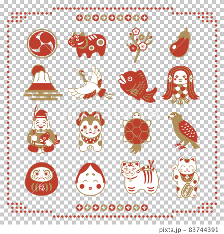 New Year, lucky charm, Ebisu, beckoning cat, amabie, happy icon illustration set New Year, lucky charm, Ebisu, beckoning cat, amabie, happy icon illustration set 83744391