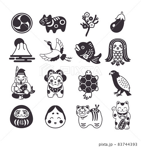 お正月・縁起物・恵比寿様・招き猫・アマビエ・めでたいアイコンイラストセット 83744393
