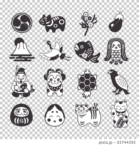 新年，幸運符，Ebisu，招手貓，amabie，快樂圖標插圖集 83744393