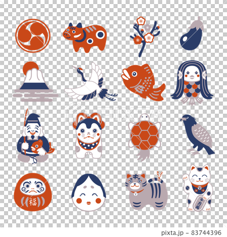 お正月・縁起物・恵比寿様・招き猫・アマビエ・めでたいアイコンイラストセット 83744396