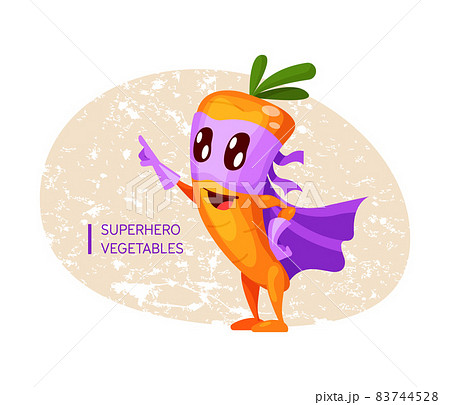 Funny cartoon character fruit carrot in superhero costume at masks emotion points with hand. Vegetable character super hero product fun food costume vector illustration 83744528