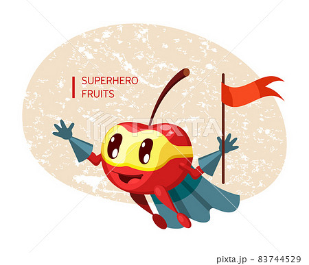 Funny cartoon character fruit cherry in superhero costume at masks emotion with flag in hand. Vegetable character product fun food costume vector illustration Funny cartoon character fruit cherry in superhero costume at masks emotion with flag in hand. Vegetable character product fun food costume vector illustration 83744529