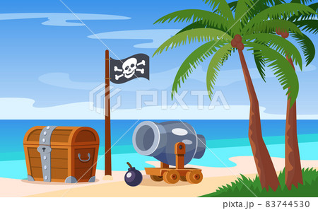 Uninhabited adventure island with pirate wooden treasure chest, pirate flag and cannon. Palm trees along the beach and sea. Travel concept in the mediterranean sea. Cartoon vector 83744530