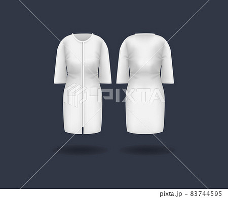 Realistic doctor coat mock up. Women's medical gown, lab uniform, doctor medical laboratory clothes, hospital professional suit on transparent background isolated vector 83744595