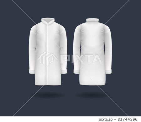Realistic doctor coat mock up. White male medical gown, lab uniform, doctor medical laboratory clothes, hospital professional suit, on transparent background isolated vector 83744596