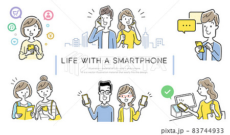 ベクターイラスト素材:スマートフォンのある生活、セット ベクターイラスト素材:スマートフォンのある生活、セット 83744933