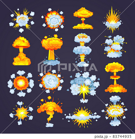 Animation for game of explosion effect. Frame comic animation with effect of fun explosion, divided into separate scenes framed artwork. Fire smoke, burning with elements flame, particles Animation for game of explosion effect. Frame comic animation with effect of fun explosion, divided into separate scenes framed artwork. Fire smoke, burning with elements flame, particles 83744935