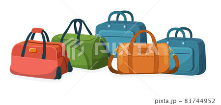 Travel luggage, plastic case, metal backpacks and leather bag. Travel suitcase with wheels, journey package, business travel bag, trip luggage. Vector backpack suitcase for journey, vacation 83744952