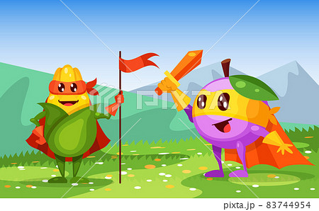 Funny cartoon character fruit plum in superhero costume at masks emotion with hands up, corn with flag in hand. Vegetable character super hero product fun food costume vector illustration 83744954