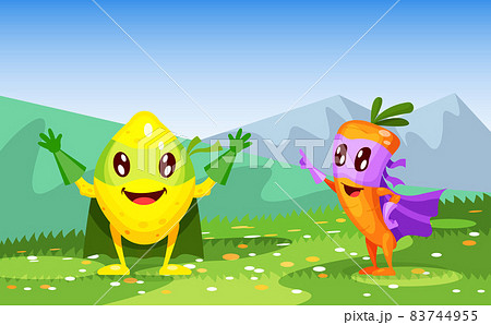 Funny cartoon characters fruits in superhero costumes lemon and carrot. Fruit together, lemon happily welcomes other fruits character vector 83744955