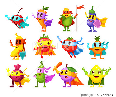 Super hero fruits, vegetables. Characters in different poses in costume at masks. Vegetable character superhero lemon, pineapple, strawberry, cherry, banana, carrot, eggplant, corn, beet, plum Super hero fruits, vegetables. Characters in different poses in costume at masks. Vegetable character superhero lemon, pineapple, strawberry, cherry, banana, carrot, eggplant, corn, beet, plum 83744973