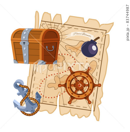 Pirate adventure map, wooden treasure chest, ship wheel, boat anchor. 83744987