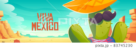 Viva Mexico banner with cute cactus in sombrero 83745230
