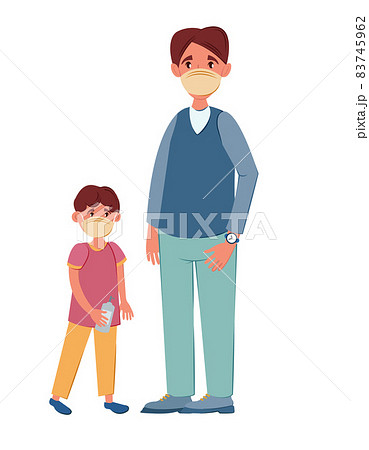 Father and son protect themselves from virus thanks to masks. 83745962