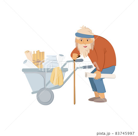 Homeless people concept. Elderly man needing help. Elderly homeless unemployment old man with cane in hand, carry cart filled with papers, collects prepackaged rubbish on street isolated 83745997
