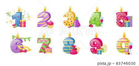 Birthday anniversary numbers candle. Cheerful gift card with numbers and holiday elements, invitation card template. Candles in form of numbers for birthday, anniversary, jubilee cartoon Birthday anniversary numbers candle. Cheerful gift card with numbers and holiday elements, invitation card template. Candles in form of numbers for birthday, anniversary, jubilee cartoon 83746030