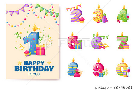 Birthday anniversary numbers candle. Cheerful gift card with numbers and holiday elements, invitation card template. Candles in form of numbers for birthday, anniversary, jubilee cartoon 83746031