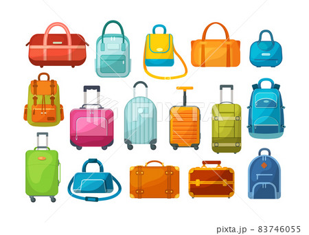 Travel luggage, metal backpacks, plastic case and leather bag. Travel suitcase with wheels, journey package, business travel bag, trip luggage. Backpack suitcase for journey, vacation, tourism 83746055