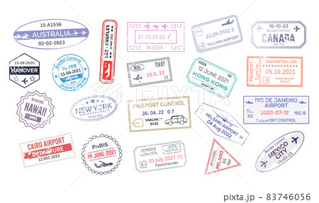 Stamp in passport for traveling an open passport. International arrival visa stamps vector Mexico, Australia, Hong Kong, Canada,USA, New York, Hawaii, Paris, Hanover 83746056